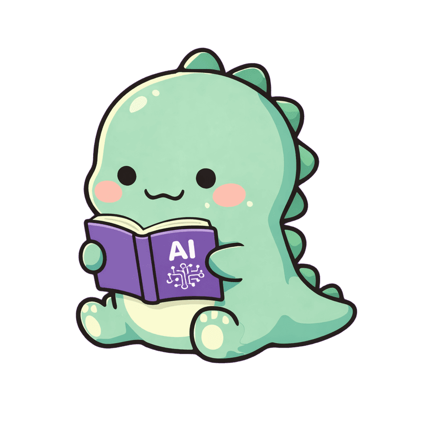 EnciclopedAI mascot - a cute dinosaur reading an AI book